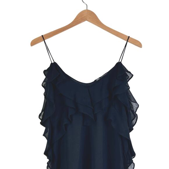 Zara Camisole Ruffle Top Chiffon V-Neck Black - Picture 3 of 6